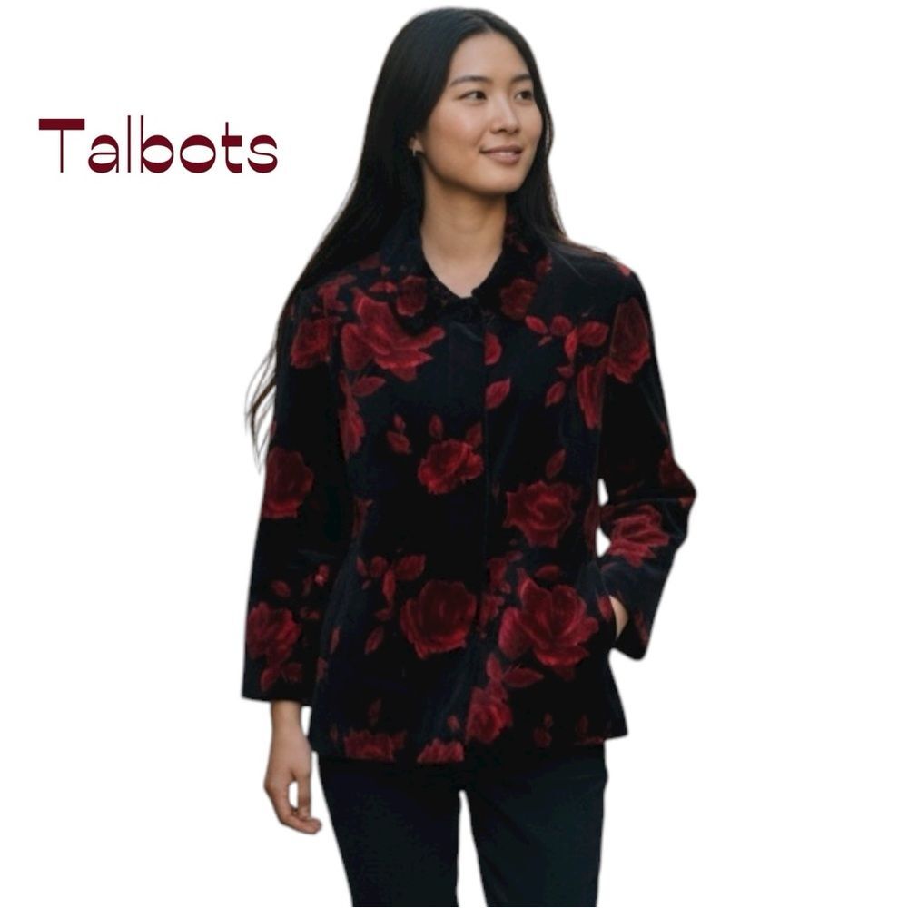 Talbots Black W Red Floral Cotton Velvet Jacket NWOT Size 10